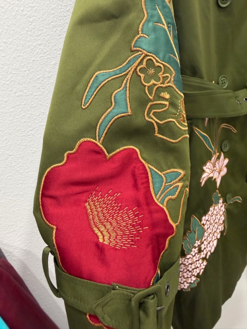ONE OF A KIND — Iconic Floral Embroidered Olive Trench Coat | Size M - Picture 10 of 17